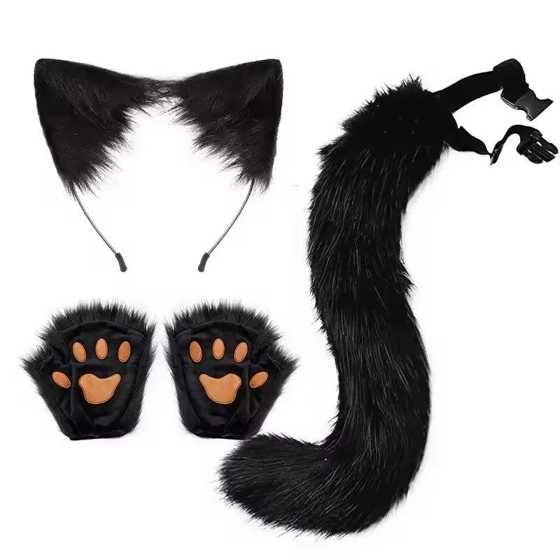 Fluffy Fox Tail & Wolf Mask Cosplay Set – 3pcs Halloween Costume