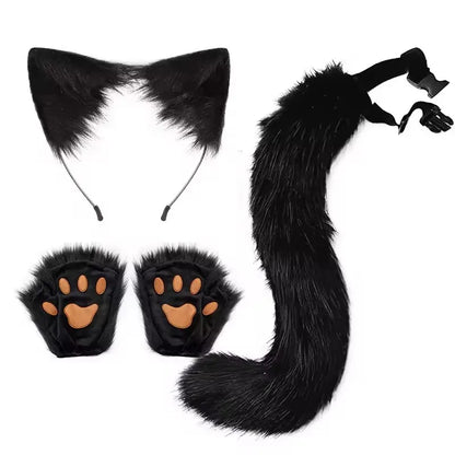 Fluffy Fox Tail & Wolf Mask Cosplay Set – 3pcs Halloween Costume