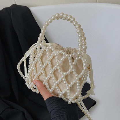 Pearl Beaded Bucket Bag – French Retro Woven Handbag