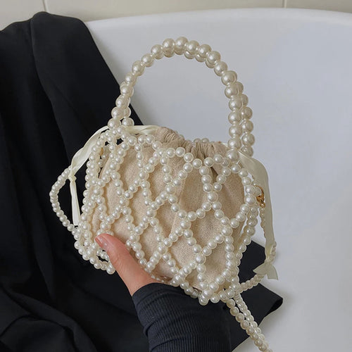 Pearl Beaded Bucket Bag – French Retro Woven Handbag