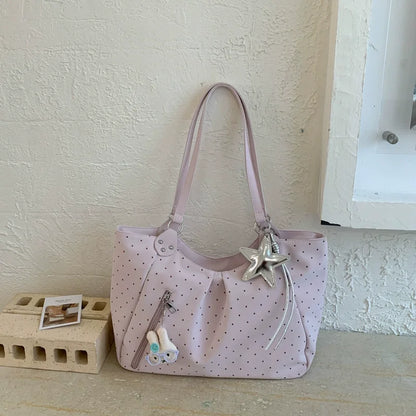 Polka Dot Tote Bag – Large Capacity Shoulder Bag with Zipper & Charm