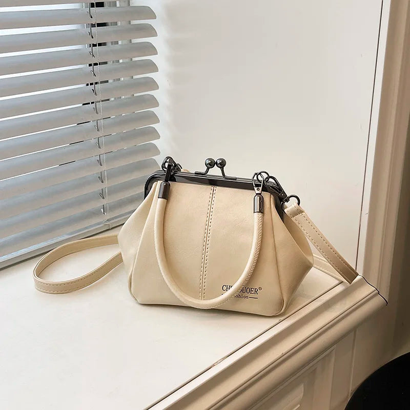 Moods Retro Style Top-Handle Bags Women Kiss Lock Pure Color Pu Leather Shoulder Crossbody Bag