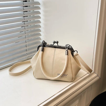 Moods Retro Style Top-Handle Bags Women Kiss Lock Pure Color Pu Leather Shoulder Crossbody Bag