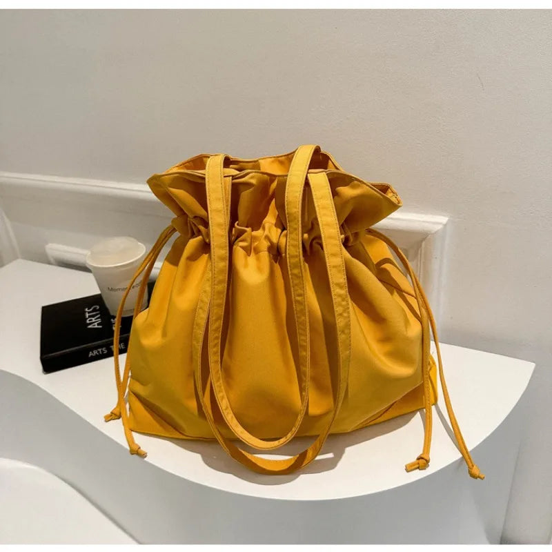 Large Nylon Bucket Bag Women's Casual Drawstring Shoulder Handbag