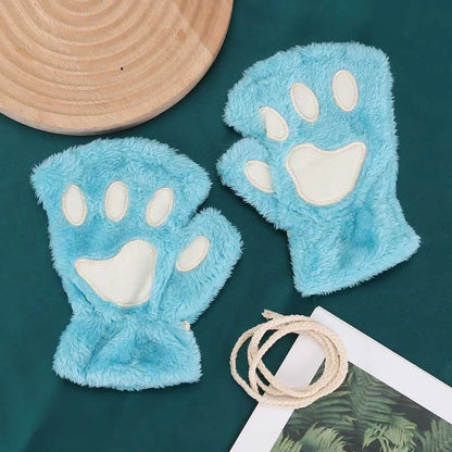 Cat Paw Fingerless Gloves – Cute Fluffy Winter Mittens for Women & Girls