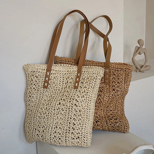 Straw Beach Bag Handwoven Tote with Leather Straps