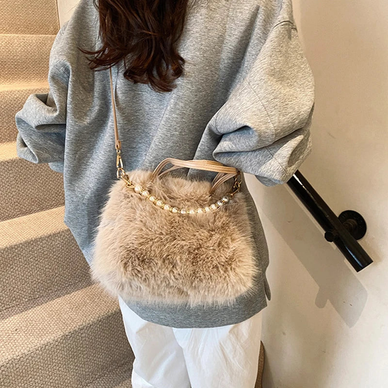 Faux Fur Shoulder Bag with Pearl Chain Handle