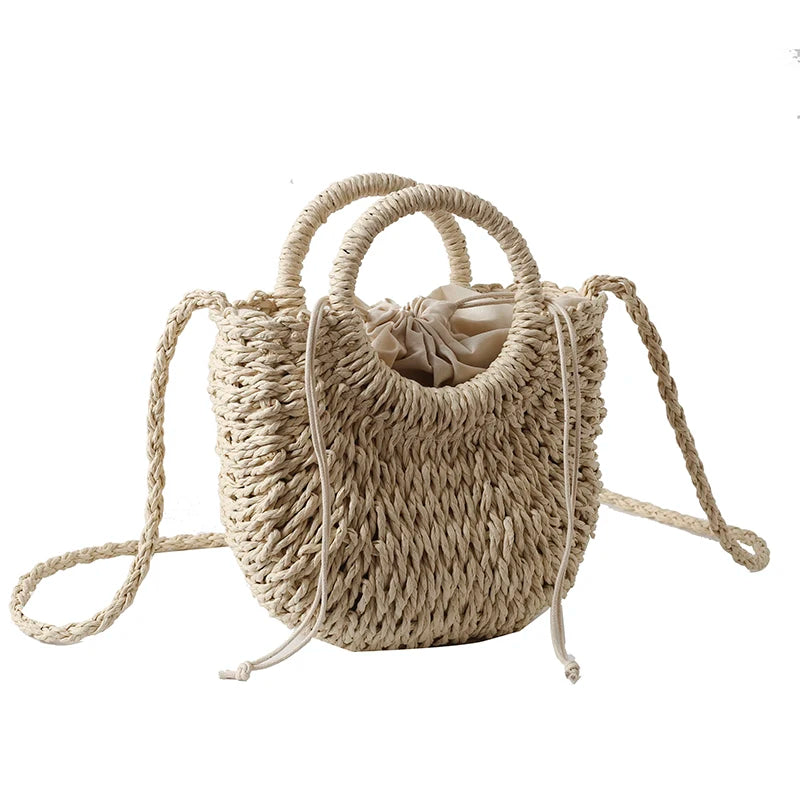 Moods Straw Handbags Women 2023 Mini Summer Beach Rattan Shoulder Bag Round Handle Handmade