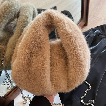 Plush Faux Fur Bucket Bag – Women's Chain Crossbody Handbag
