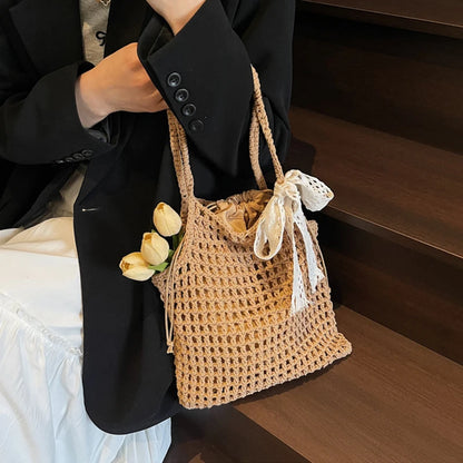 Crochet Tote Bag with Lace Bow – Large Boho Beach Bag