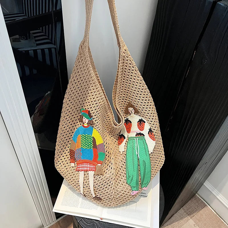 Crochet Mesh Knit Shoulder Bag – Cartoon Tote Beach Bag for Women