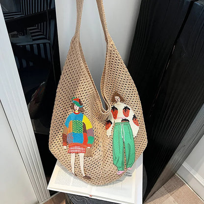 Crochet Mesh Knit Shoulder Bag – Cartoon Tote Beach Bag for Women