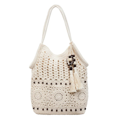 Boho Crochet Tote Bag with Bead & Tassel Charm