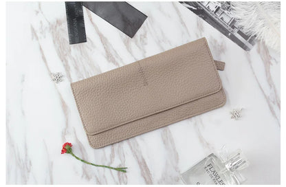 Women's Genuine Leather Long Wallet – Slim Flat Cowhide Purse with Card Slots