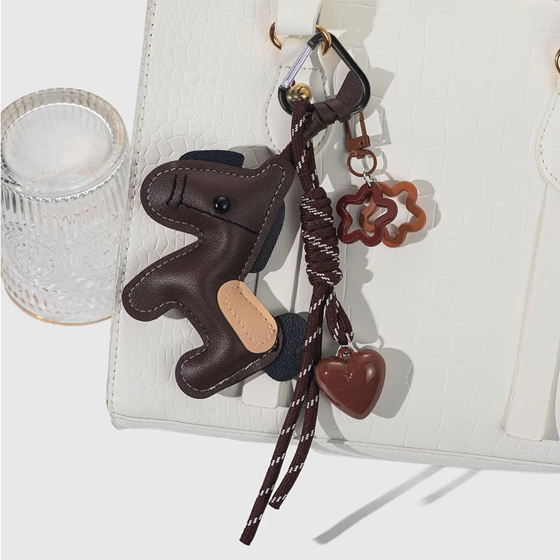 PU Leather Pony Keychain with Heart & Flower Bag Charm