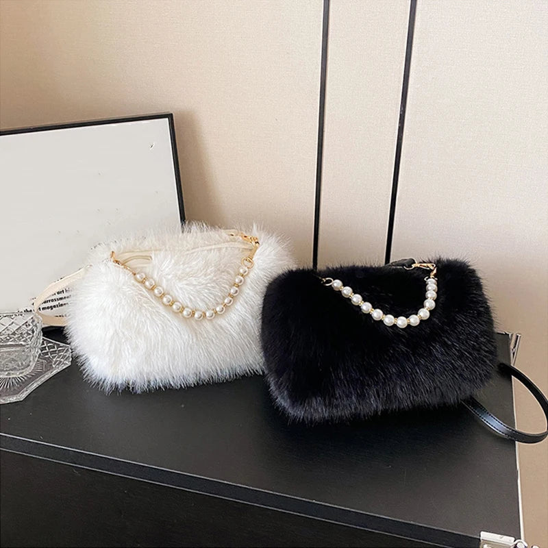 Plush Faux Fur Crossbody Bag with Pearl Chain Strap