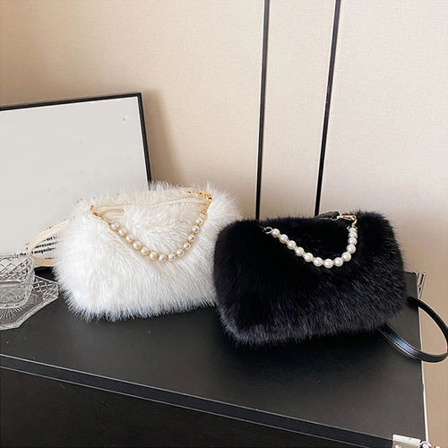 Plush Faux Fur Crossbody Bag with Pearl Chain Strap
