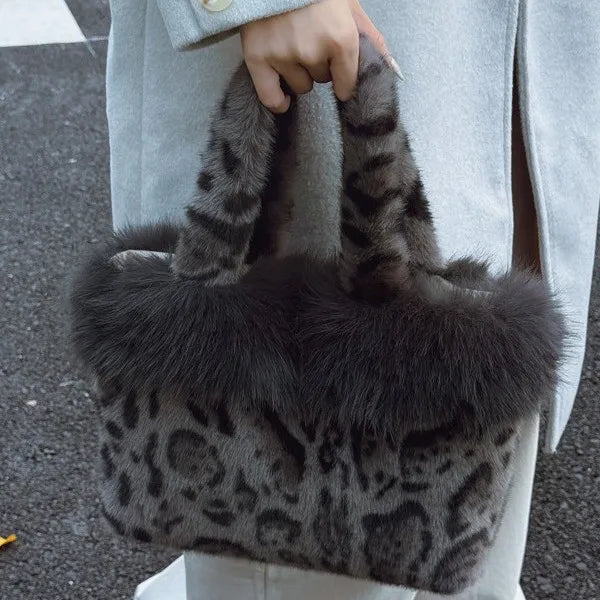 Autumn Winter Leopard Print Tote Bag Shoulder Hair Large Capacity Messenger Plush Student