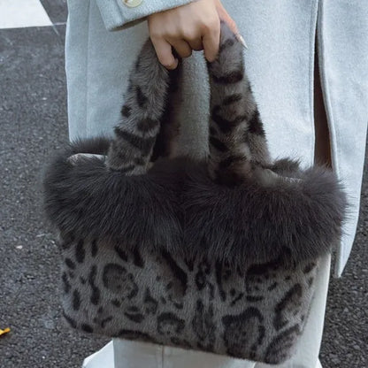 Autumn Winter Leopard Print Tote Bag Shoulder Hair Large Capacity Messenger Plush Student