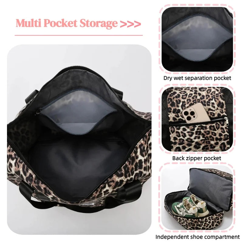 Leopard Print Gym Tote Bag with Bottom Compartment