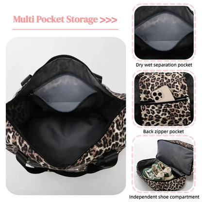 Leopard Print Gym Tote Bag with Bottom Compartment