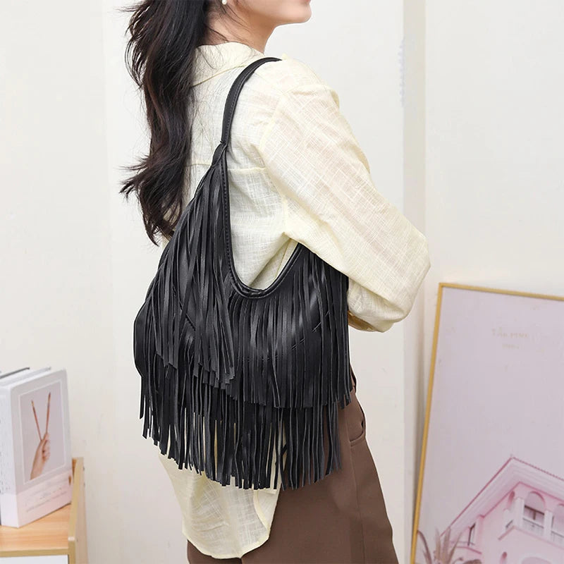 Boho Fringe Leather Hobo Shoulder Bag for Women