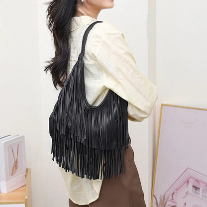 Boho Fringe Leather Hobo Shoulder Bag for Women