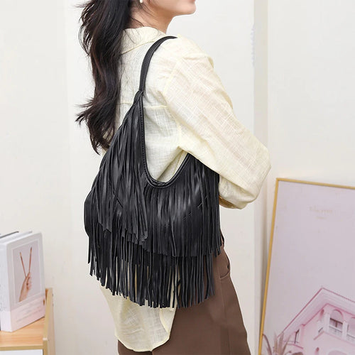 Boho Fringe Leather Hobo Shoulder Bag for Women