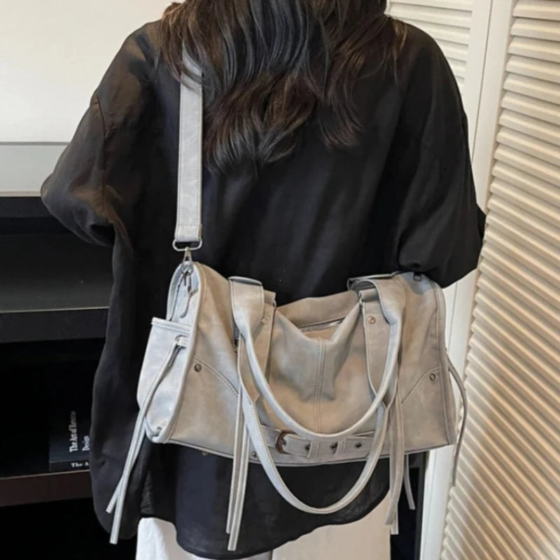 Retro Motorcycle Shoulder Bag for Women – Tassel Tote