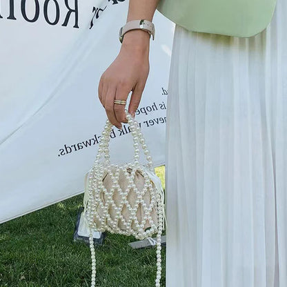 Pearl Beaded Bucket Bag – French Retro Woven Handbag