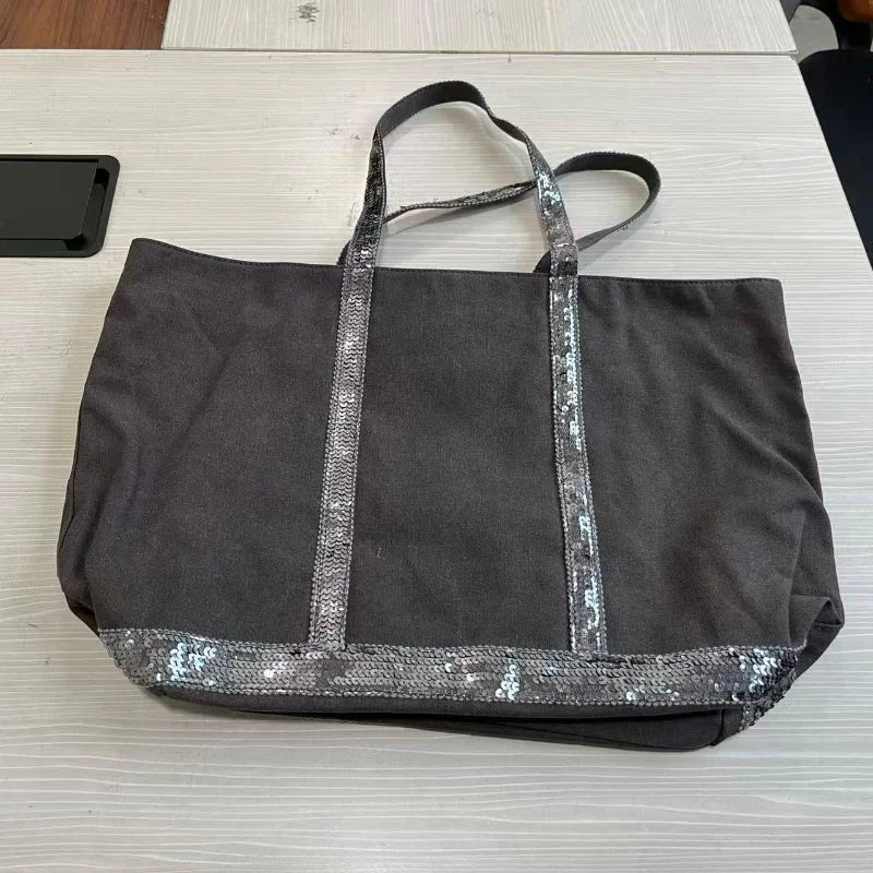 Sequin Canvas Tote Bag – Large Capacity Color-Block Handbag