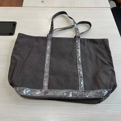 Sequin Canvas Tote Bag – Large Capacity Color-Block Handbag