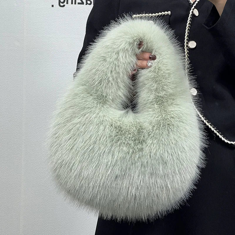 Fluffy Faux Fur Half Moon Bag – Women's Luxury Small Tote