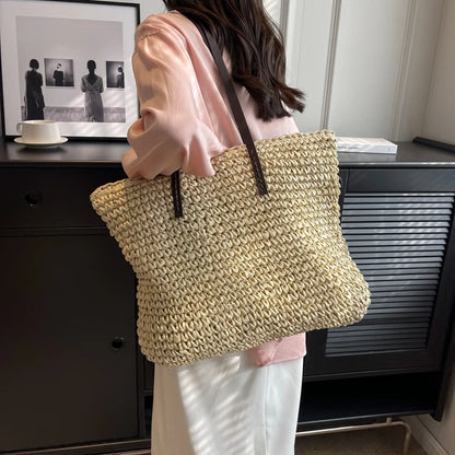 Moods Luxury Design Straw Woven Tote Bags Women Large Capacity Shoulder Beach Bag Pure Color Summer