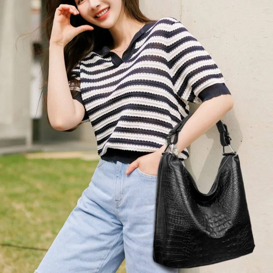 Crocodile Pattern Hobo Bag for Women – Leather Shoulder Crossbody
