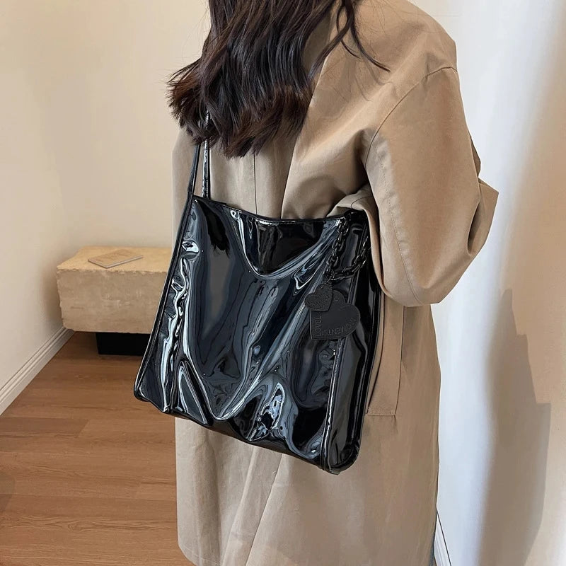 Patent Leather Shoulder Bag for Women – Chic Chain Tote