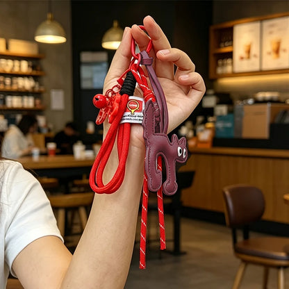 Cat Leather Keychain Charm – Cute Bag Pendant with Rope Lanyard