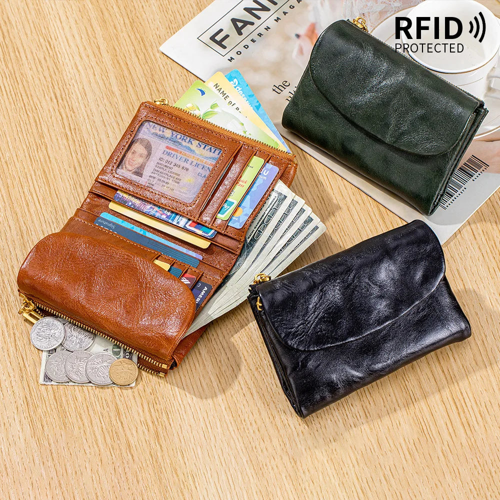 Genuine Leather RFID Wallet – Vintage Flap-Over Multi-Pocket Purse