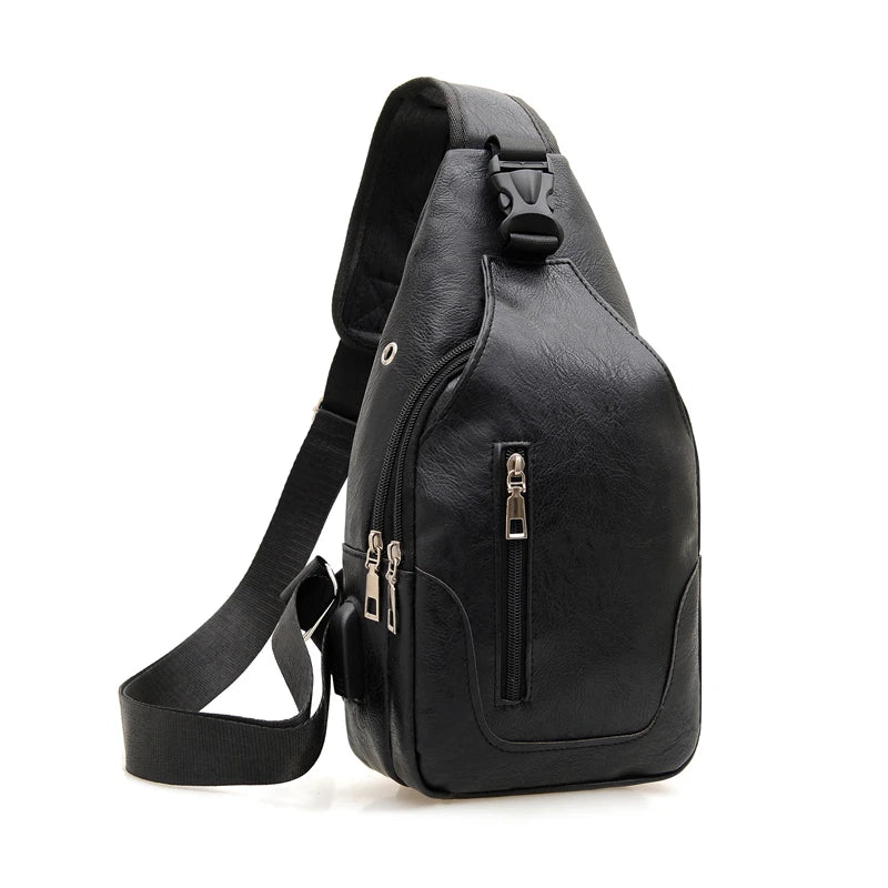 Men's PU Leather Chest Bag with USB Charging Port
