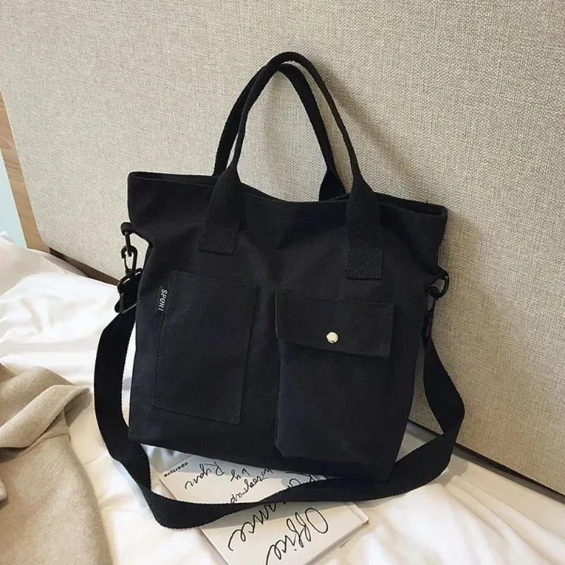 Canvas Bags Students Handbag Shoulder Bag Large Capacity Solid Color Totes Shopper Casual Female
