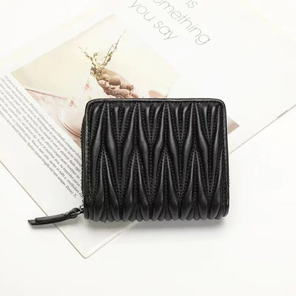 Genuine Lambskin Leather Short Wallet for Women – Quilted Zip Purse