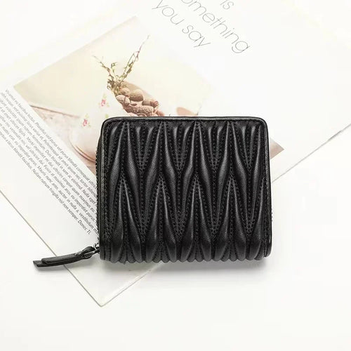 Genuine Lambskin Leather Short Wallet for Women – Quilted Zip Purse