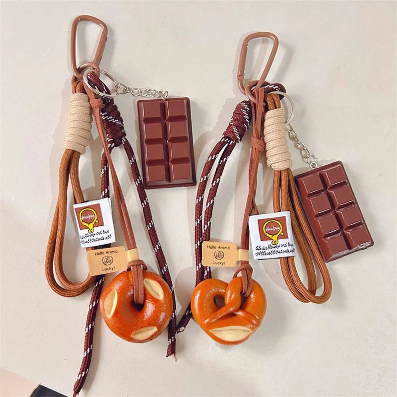 Cute Food Keychain – Pretzel & Chocolate Braided Rope Pendant