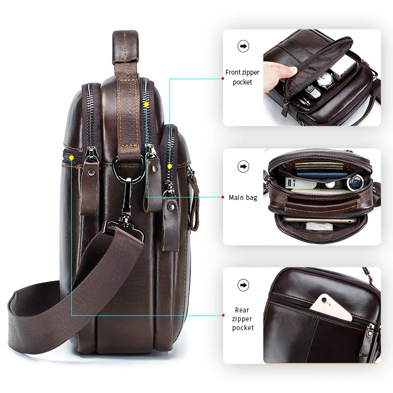 Men's Genuine Cowhide Leather Crossbody Shoulder Bag