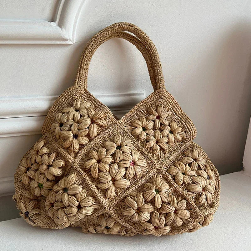 Straw Woven Tote Bag – 3D Floral Large Capacity Summer Handbag