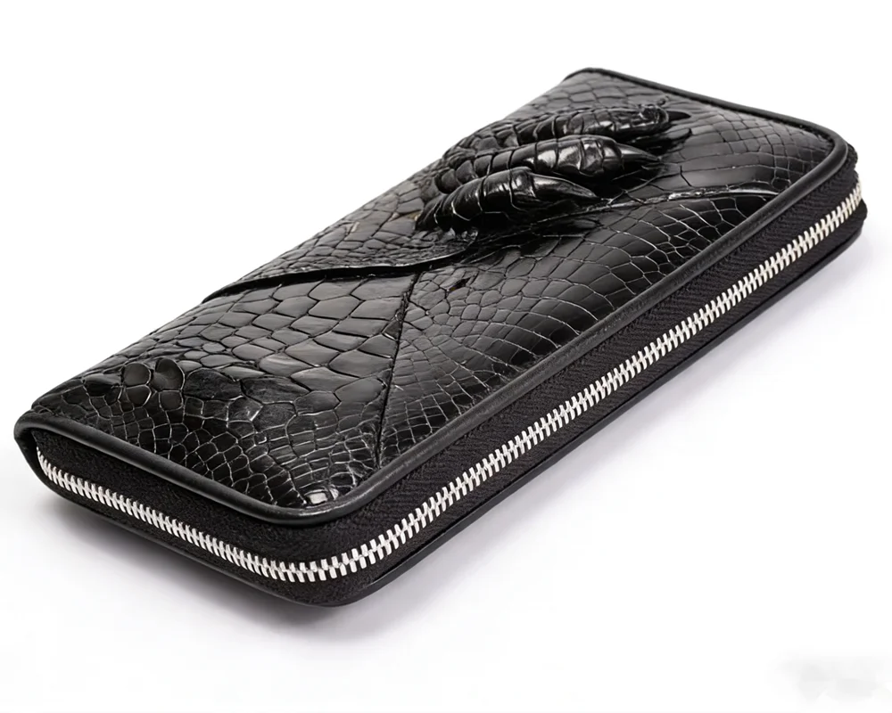 Crocodile Claw Leather Long Wallet – Men's Black Clutch Bag