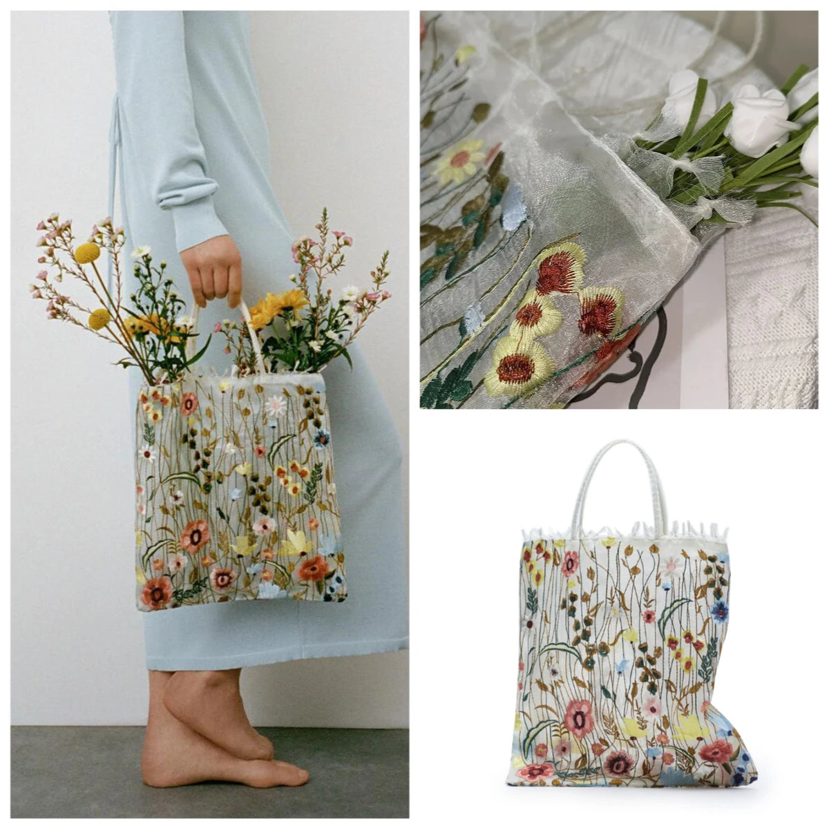 Floral Embroidery Mesh Tote Bag – Clear Shoulder Handbag