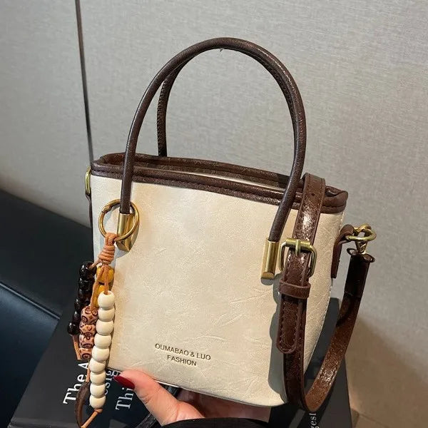 Leather Bucket Bag – Women's Crossbody Handbag with Bead Charm