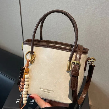 Leather Bucket Bag – Women's Crossbody Handbag with Bead Charm