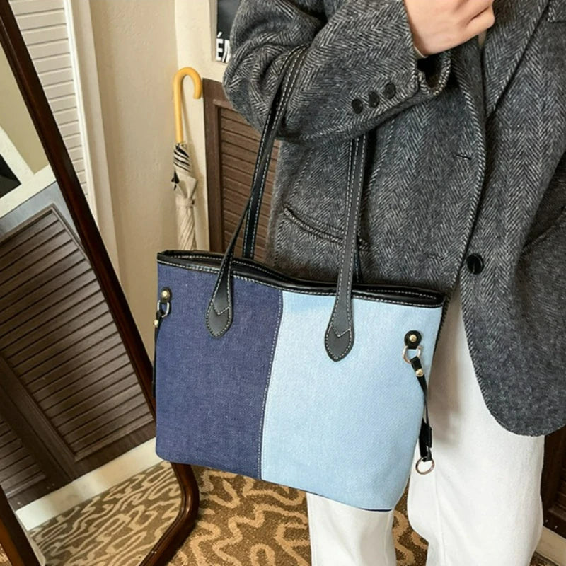 Large Capacity Denim Tote Bag for Women – Commuter Shoulder Bag